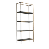 Vanne Wood Shelf featuring four rich ashwood shelves with natural grain patterns, supported by a wrought iron frame, combining rustic charm and luxury design for stylish storage and display in living rooms, studies, or offices.